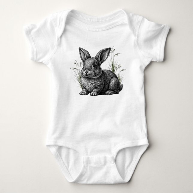 Cute Gray Rabbit Among the Grass Baby Bodysuit (Front)