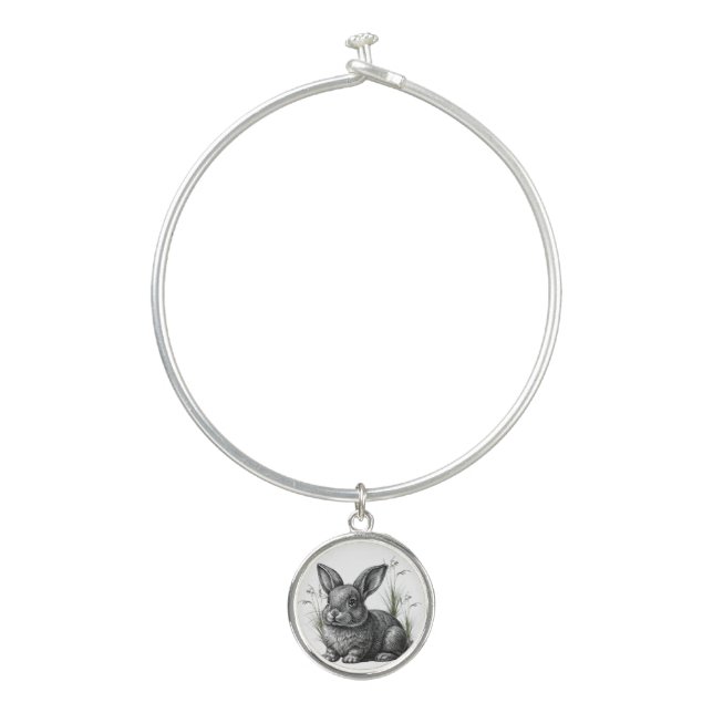 Cute Gray Rabbit Among the Grass Bangle Bracelet (Front)