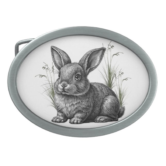 Cute Gray Rabbit Among the Grass Belt Buckle (Front)