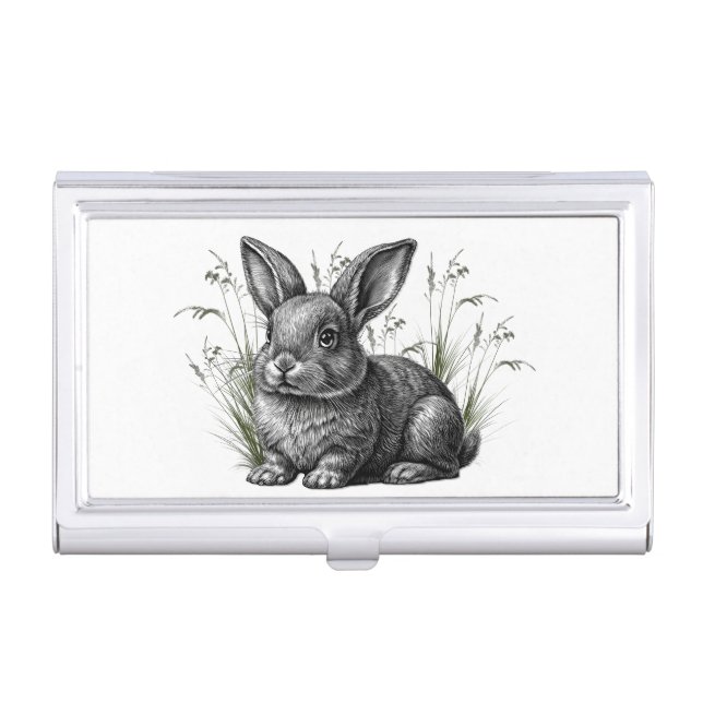 Cute Gray Rabbit Among the Grass Business Card Case (Front)