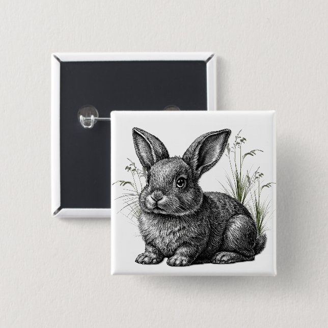Cute Gray Rabbit Among the Grass Button (Front & Back)