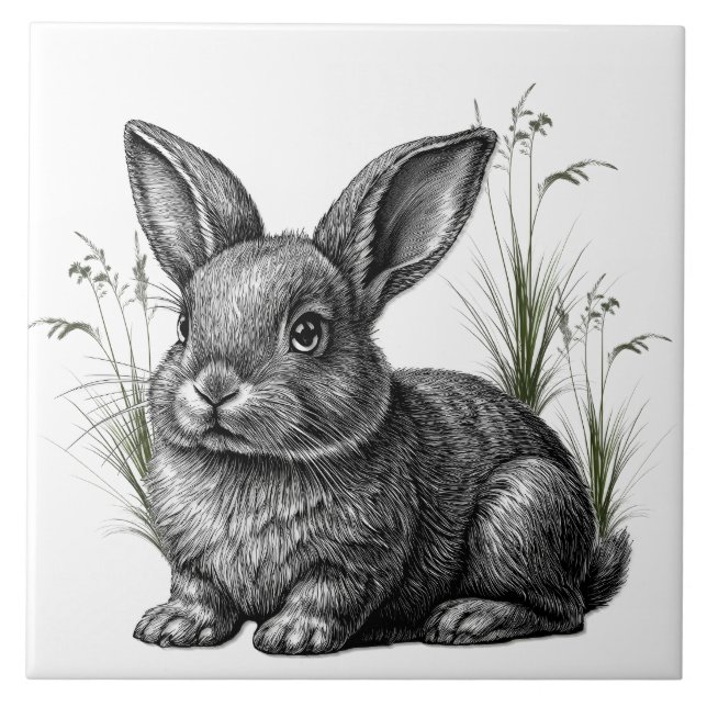 Cute Gray Rabbit Among the Grass Ceramic Tile (Front)