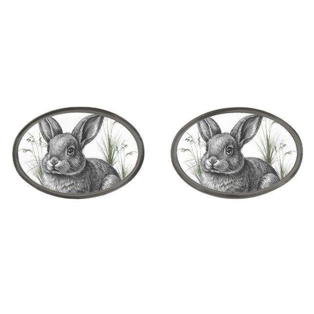 Cute Gray Rabbit Among the Grass Cufflinks (Front)