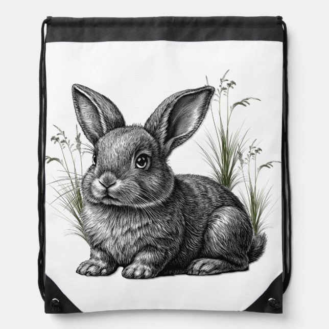 Cute Gray Rabbit Among the Grass Drawstring Bag (Front)
