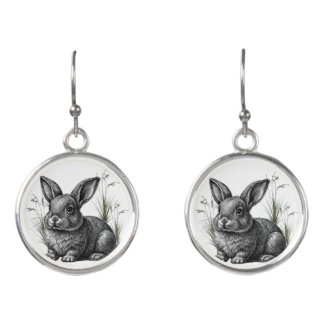 Cute Gray Rabbit Among the Grass Earrings