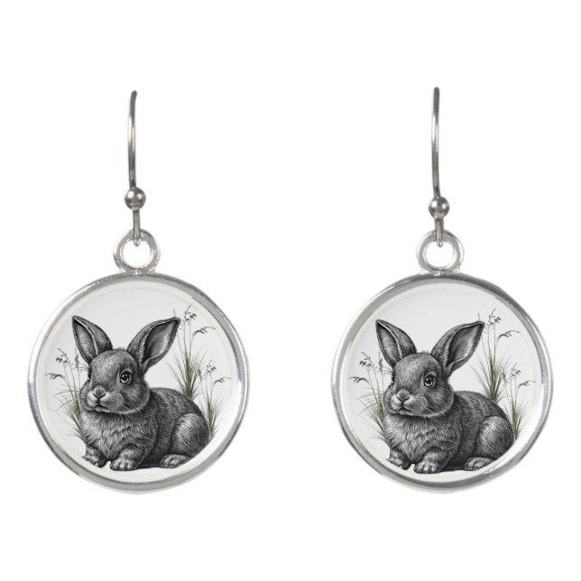 Cute Gray Rabbit Among the Grass Earrings (Front)