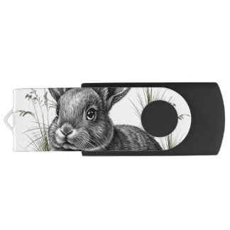 Cute Gray Rabbit Among the Grass Flash Drive