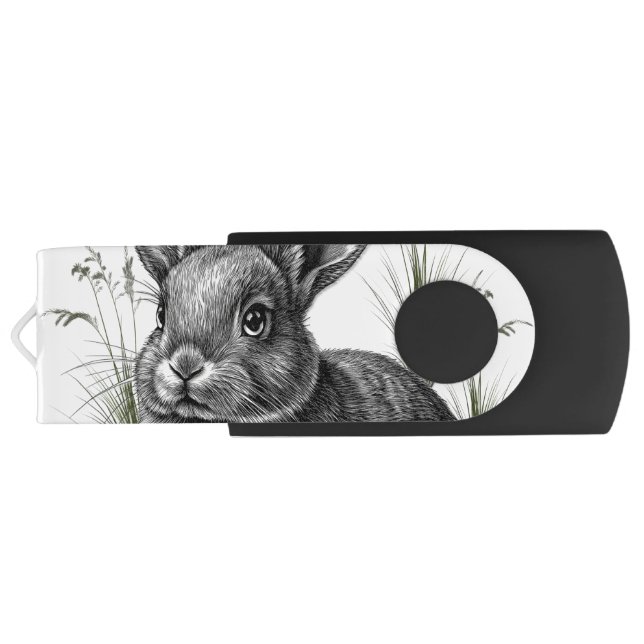 Cute Gray Rabbit Among the Grass Flash Drive (Back)
