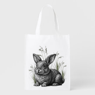 Cute Gray Rabbit Among the Grass Grocery Bag