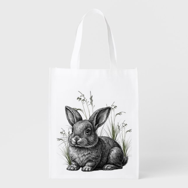 Cute Gray Rabbit Among the Grass Grocery Bag (Front)