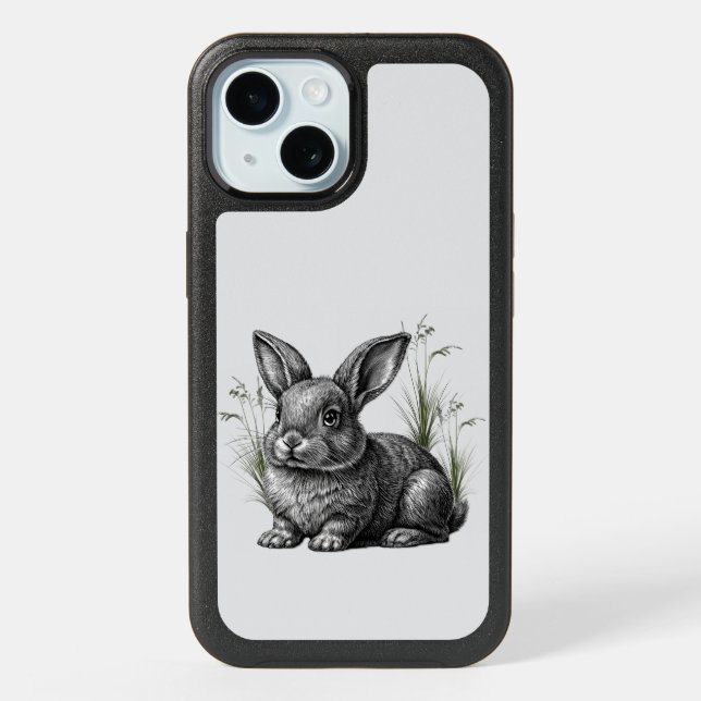 Cute Gray Rabbit Among the Grass iPhone 15 Case (Back)