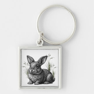 Cute Gray Rabbit Among the Grass Keychain