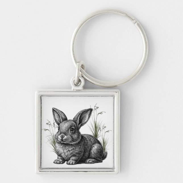 Cute Gray Rabbit Among the Grass Keychain (Front)
