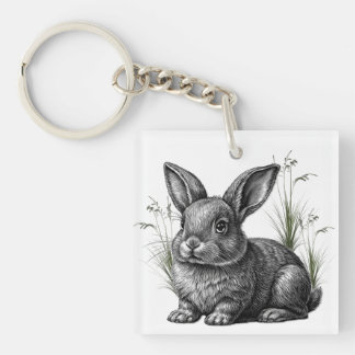 Cute Gray Rabbit Among the Grass Keychain