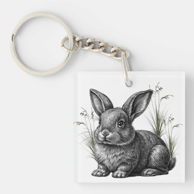 Cute Gray Rabbit Among the Grass Keychain (Front)