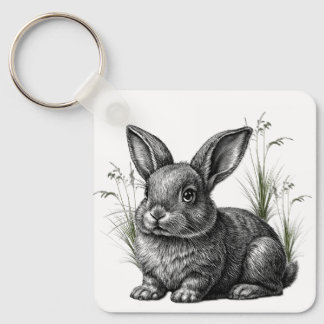 Cute Gray Rabbit Among the Grass Keychain