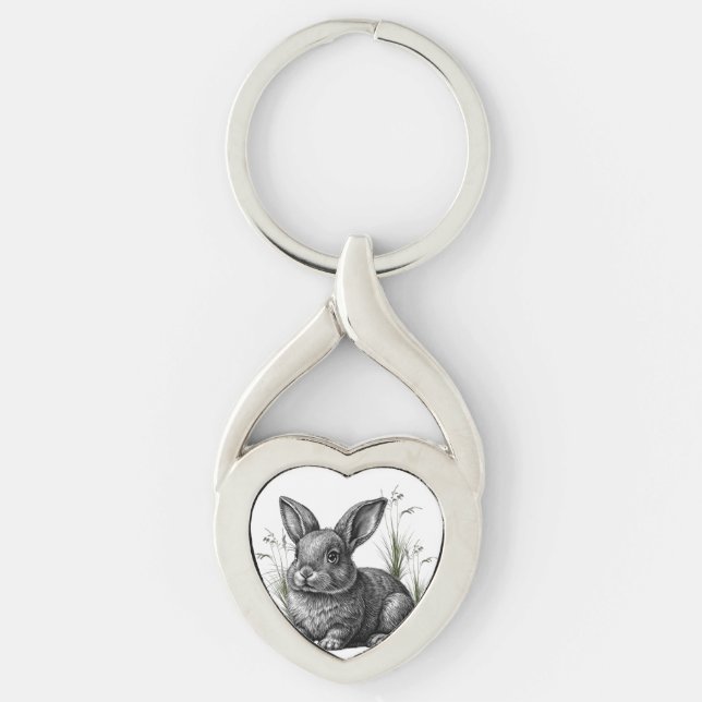 Cute Gray Rabbit Among the Grass Keychain (Front)