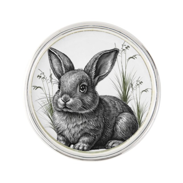 Cute Gray Rabbit Among the Grass Lapel Pin (Front)
