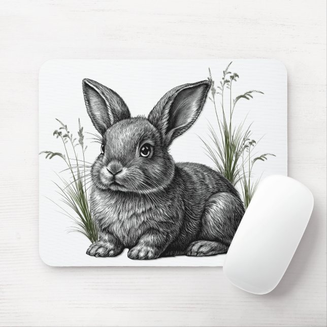 Cute Gray Rabbit Among the Grass Mouse Pad (With Mouse)