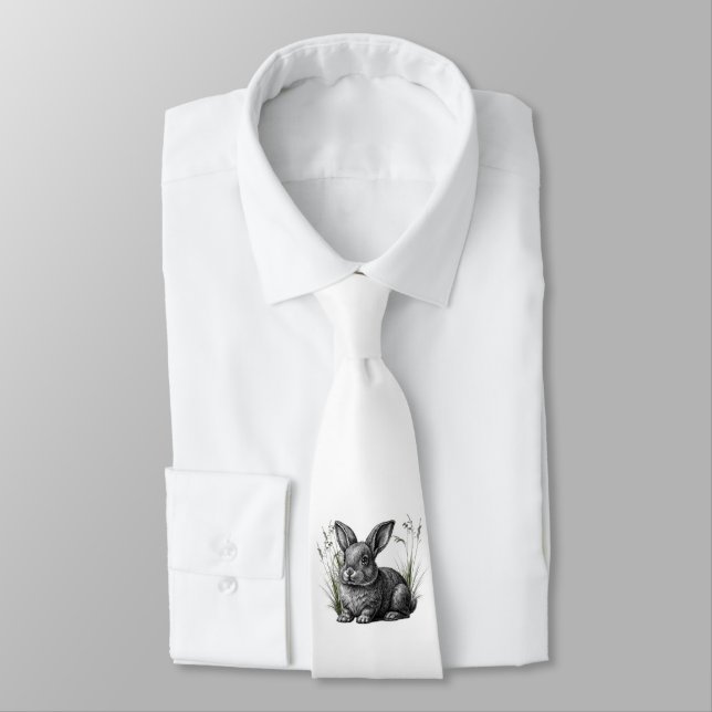 Cute Gray Rabbit Among the Grass Neck Tie (Tied)
