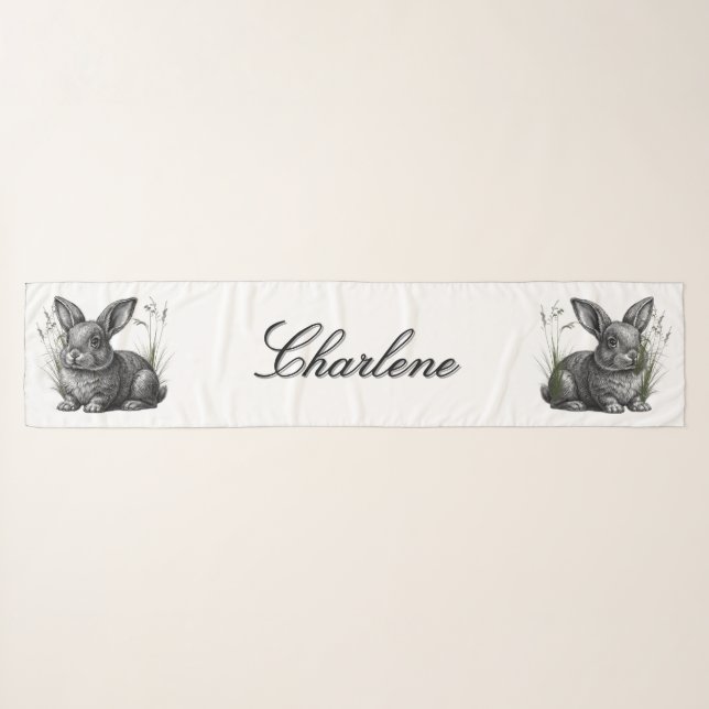 Cute Gray Rabbit Among the Grass Personal Name Scarf (Front (Horizontal))