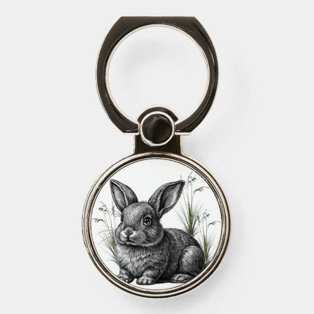Cute Gray Rabbit Among the Grass Phone Ring Stand (Front)