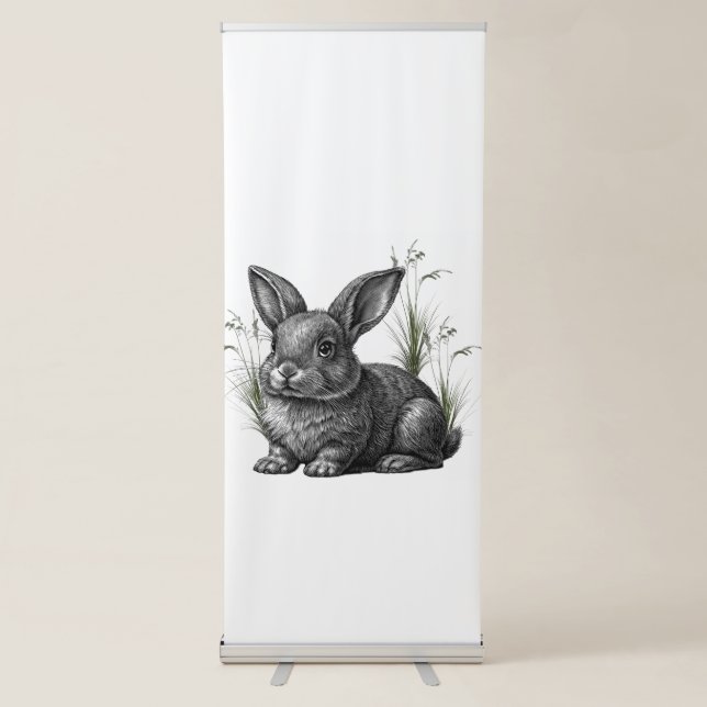 Cute Gray Rabbit Among the Grass Retractable Banner (Front)