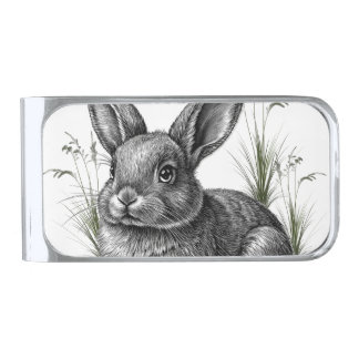Cute Gray Rabbit Among the Grass Silver Finish Money Clip