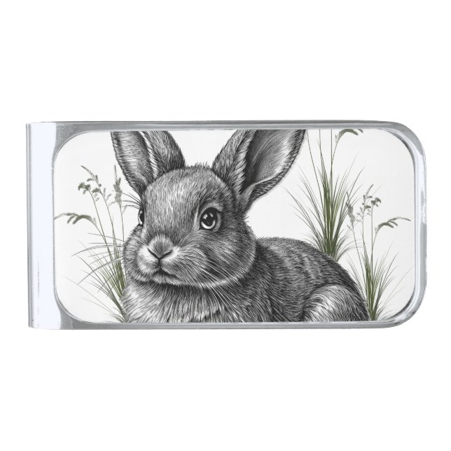 Cute Gray Rabbit Among the Grass Silver Finish Money Clip (Front)