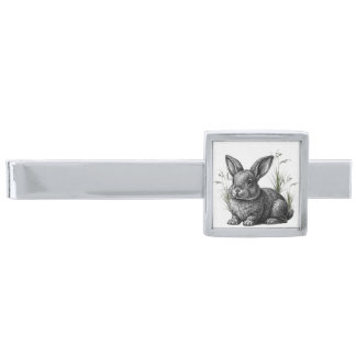 Cute Gray Rabbit Among the Grass Silver Finish Tie Bar