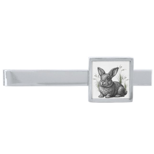 Cute Gray Rabbit Among the Grass Silver Finish Tie Bar (Front)