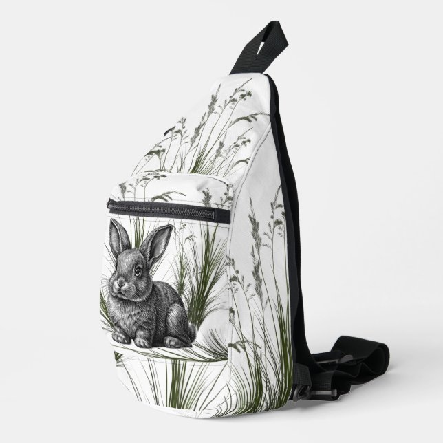 Cute Gray Rabbit Among the Grass Sling Bag (Right Corner)