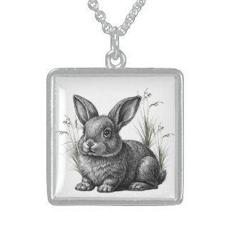 Cute Gray Rabbit Among the Grass Sterling Silver Necklace