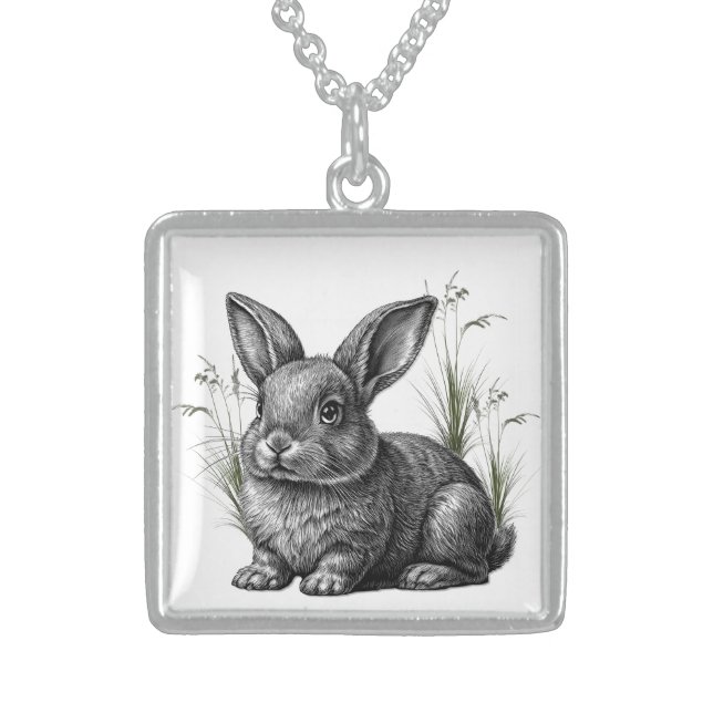 Cute Gray Rabbit Among the Grass Sterling Silver Necklace (Front)
