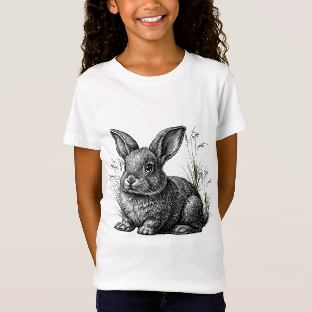 Cute Gray Rabbit Among the Grass T-Shirt (Front)