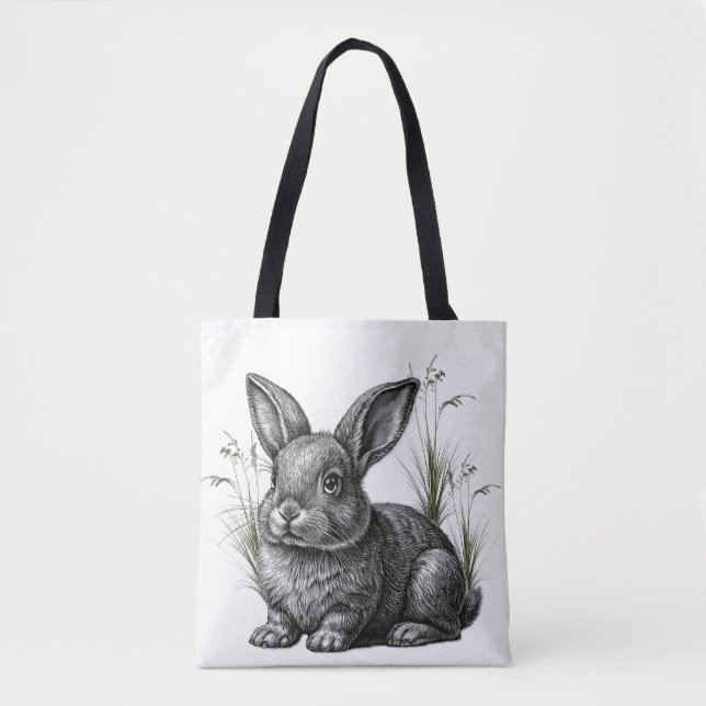 Cute Gray Rabbit Among the Grass Tote Bag (Front)