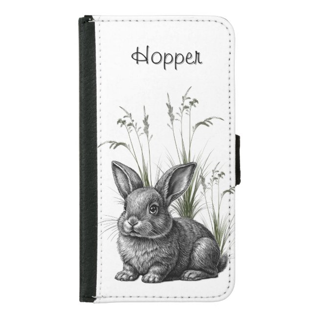 Cute Gray Rabbit Among the Grass with Name Samsung Galaxy Wallet Case (Front)