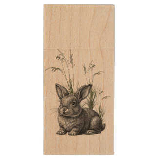 Cute Gray Rabbit Among the Grass Wood Flash Drive
