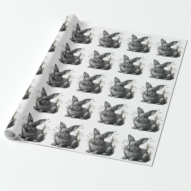 Cute Gray Rabbit Among the Grass Wrapping Paper (Unrolled)