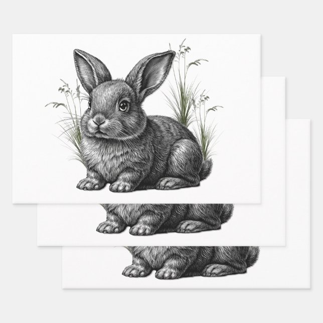 Cute Gray Rabbit Among the Grass Wrapping Paper Sheets (Set)