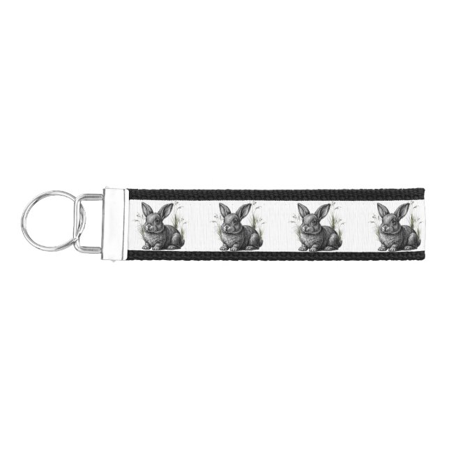 Cute Gray Rabbit Among the Grass Wrist Keychain (Keys on Left)