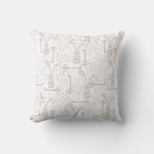 Cute Gray Rabbits and Antique Keys on White Throw Pillow