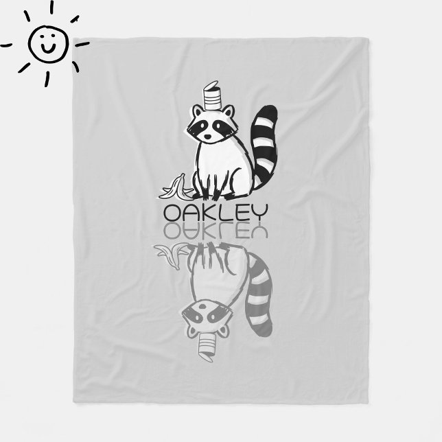 Cute Gray Raccoon Reflection Doodle Custom Name Fleece Blanket (Creator Uploaded)
