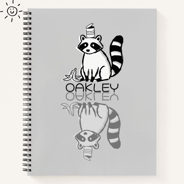 Cute Gray Raccoon Reflection Doodle Custom Name Notebook (Creator Uploaded)