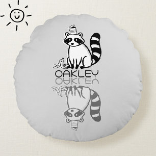 Cute Gray Raccoon Reflection Doodle Custom Name Round Pillow