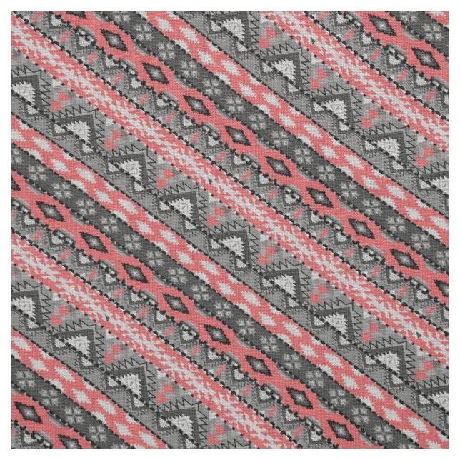 Cute gray red aztec pattern design fabric (Swatch)