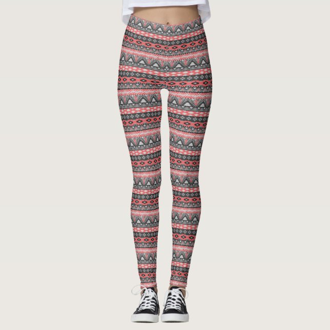 Cute gray red aztec pattern design leggings (Front)