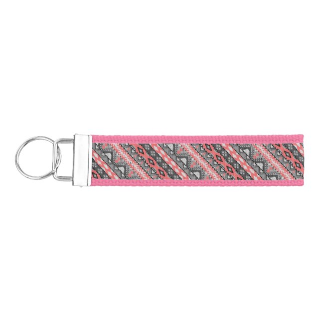 Cute gray red aztec pattern design neck tie wrist keychain (Keys on Left)