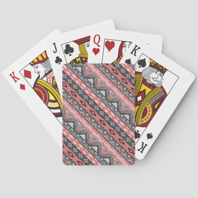 Cute gray red aztec pattern design poker cards (Back)