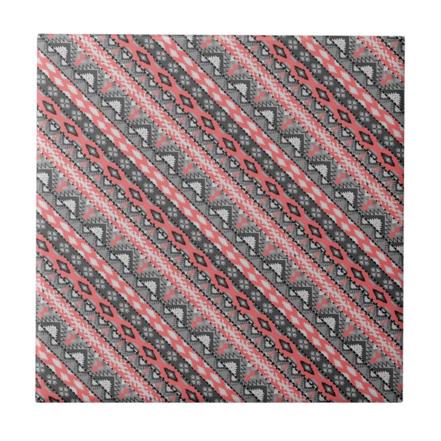 Cute gray red aztec pattern design tile (Front)